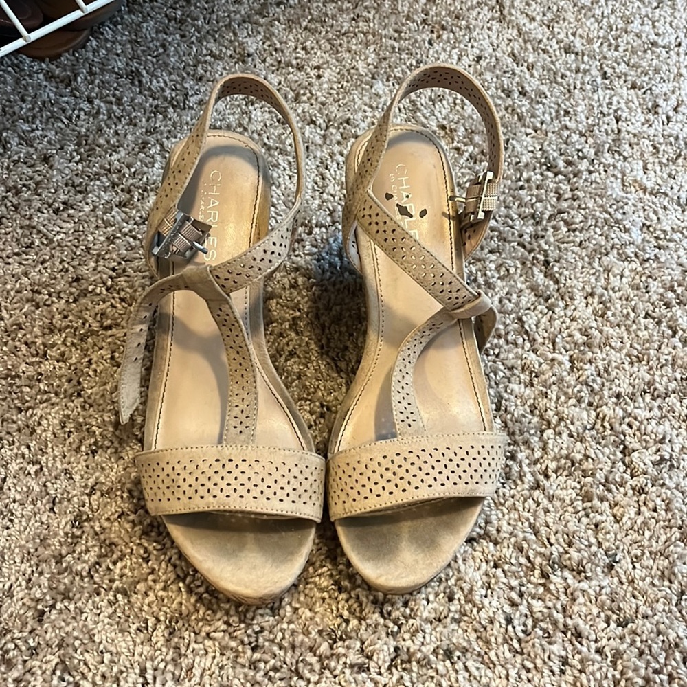Classy tan wedge one strap heels